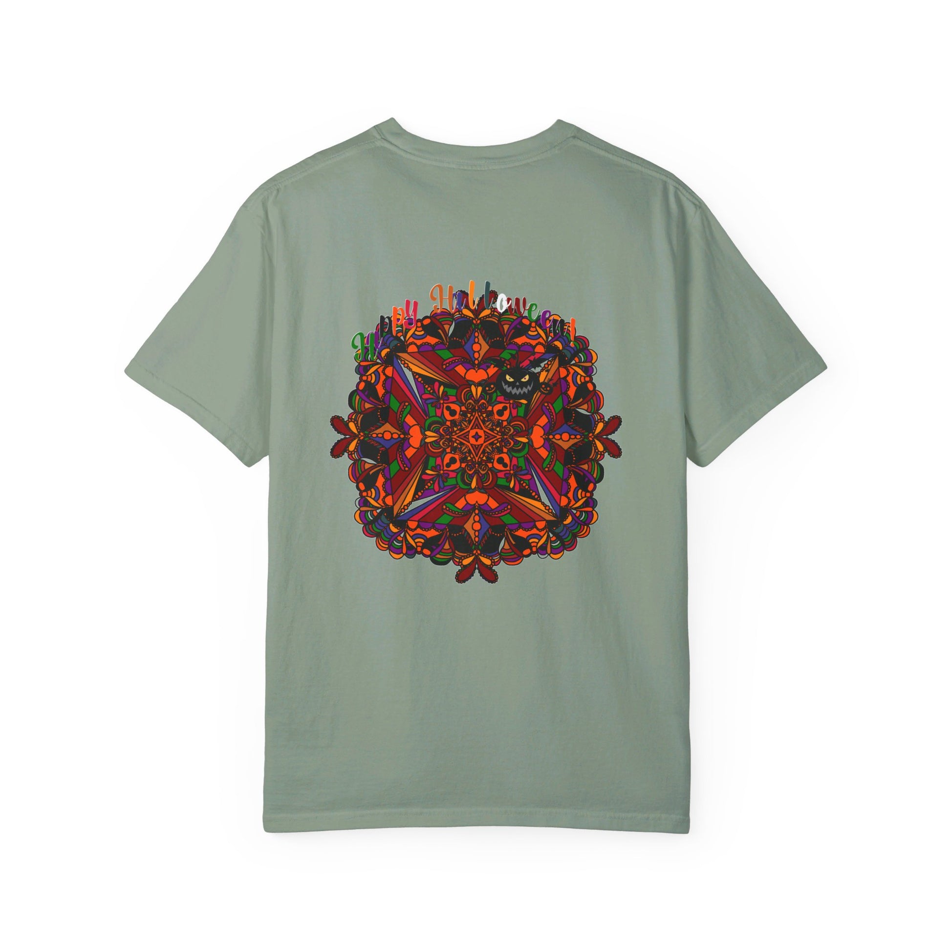 Unisex Halloween Mandala T-shirt featuring handmade pumpkin mandala art on a garment-dyed tee