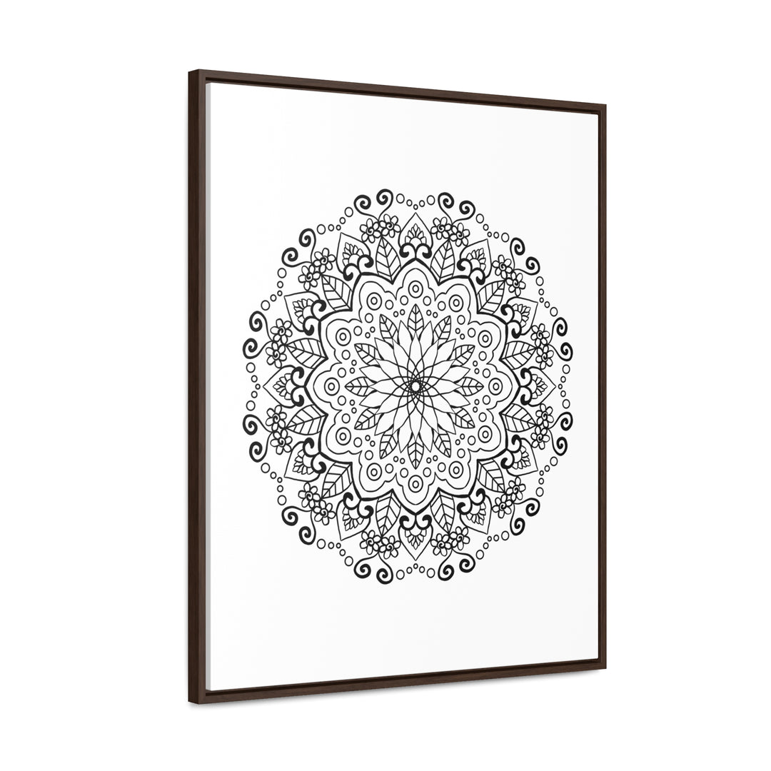 Handmade black and white mandala art on gallery canvas wraps, displayed in a vertical frame