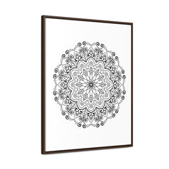 Handmade black and white mandala art on gallery canvas wraps, displayed in a vertical frame