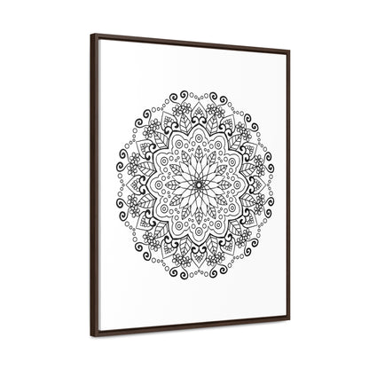 Handmade black and white mandala art on gallery canvas wraps, displayed in a vertical frame