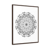 Handmade black and white mandala art on gallery canvas wraps, displayed in a vertical frame