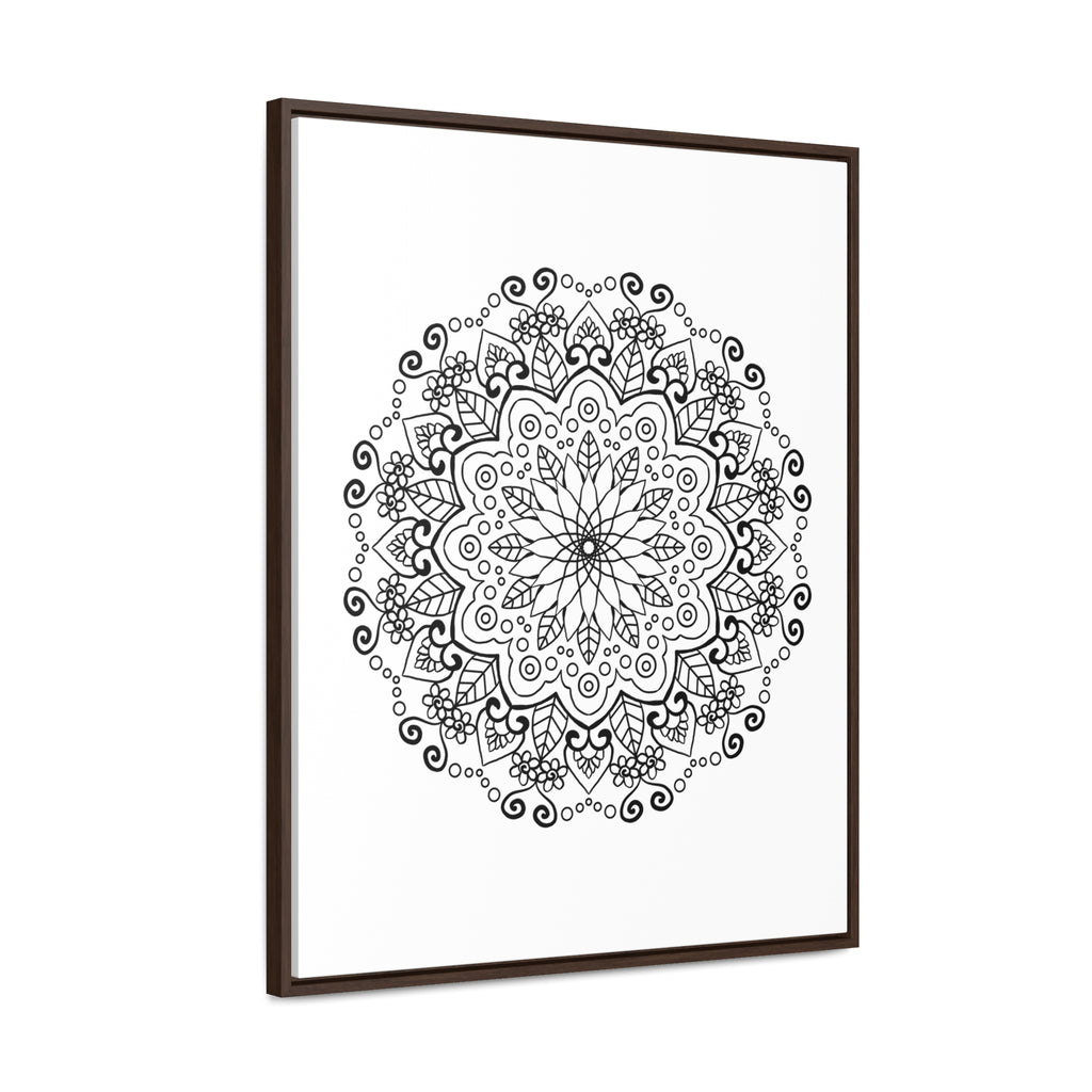 Handmade black and white mandala art on gallery canvas wraps, displayed in a vertical frame