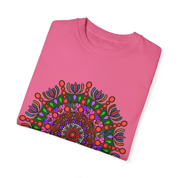 Unisex mandala t-shirt made from 100% ring-spun cotton, featuring hand-drawn mandala art and garment-dyed for extra comfort