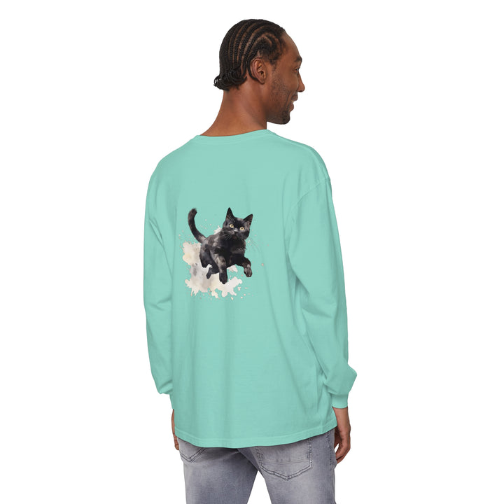 Black Cat Watercolor Splash T-Shirt with vibrant colors and playful feline design