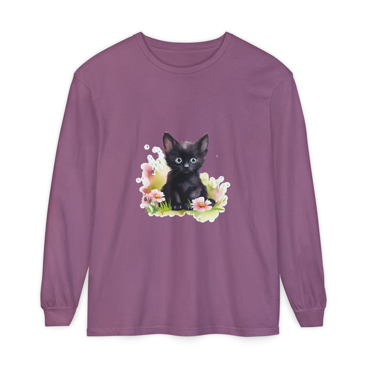 Black Kitten & Pink Flowers Long Sleeve T-Shirt