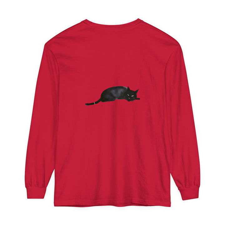 A comfortable unisex long sleeve t-shirt featuring an adorable sleeping black cat design