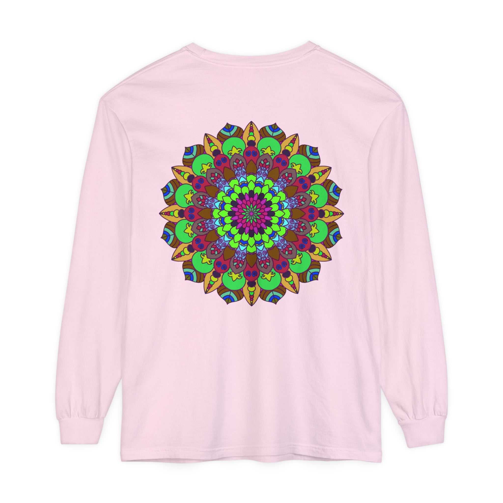 Vibrant and intricate mandala design on a long sleeve unisex t-shirt