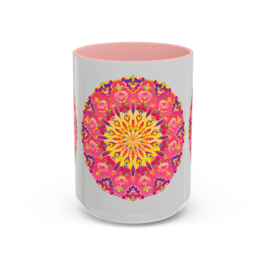 Handcrafted pink, yellow, and green mandala art on a coffee mug