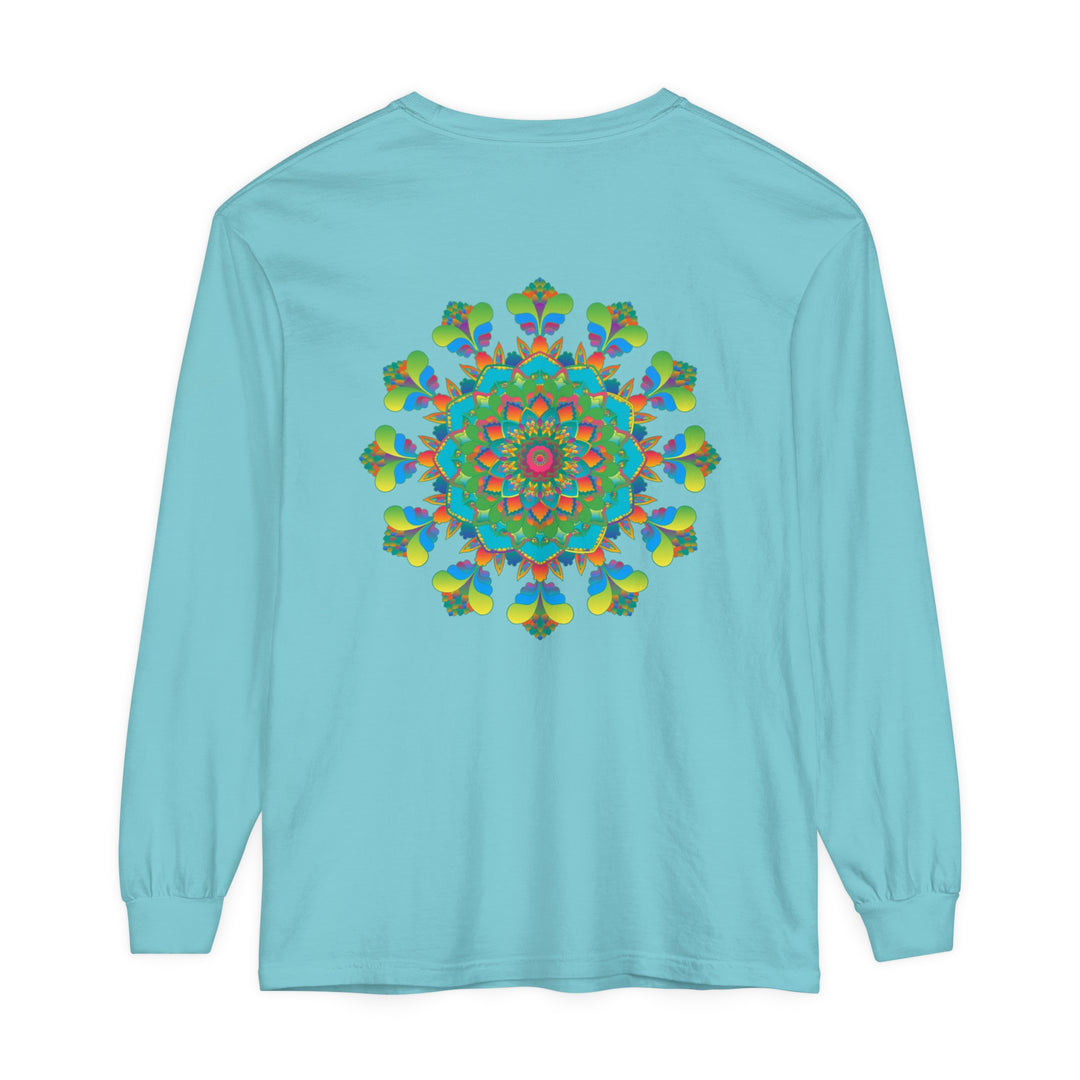 A colorful, vibrant tie-dye long sleeve t-shirt featuring a psychedelic mandala design