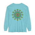 A colorful, vibrant tie-dye long sleeve t-shirt featuring a psychedelic mandala design