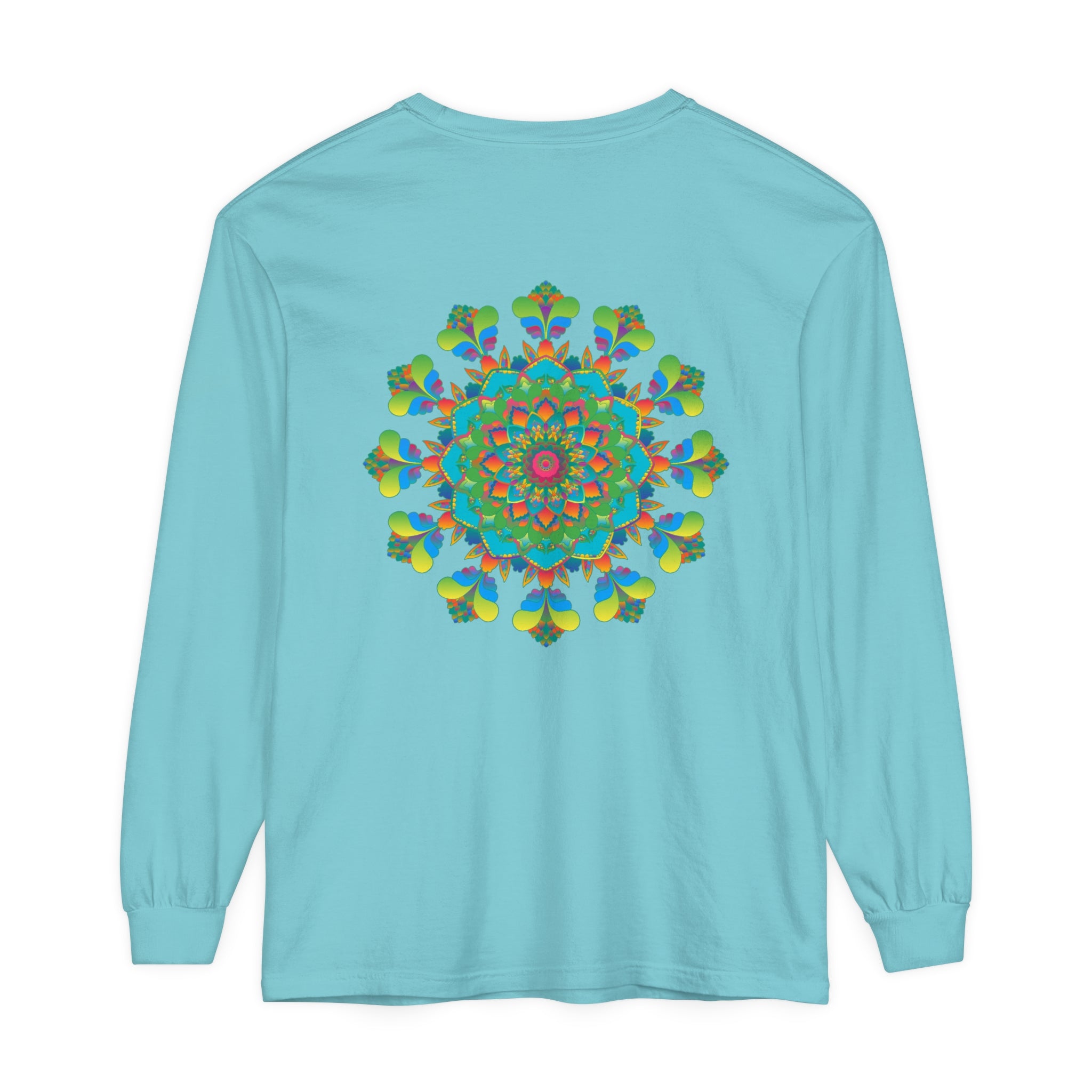 A colorful, vibrant tie-dye long sleeve t-shirt featuring a psychedelic mandala design