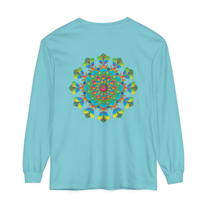 A colorful, vibrant tie-dye long sleeve t-shirt featuring a psychedelic mandala design