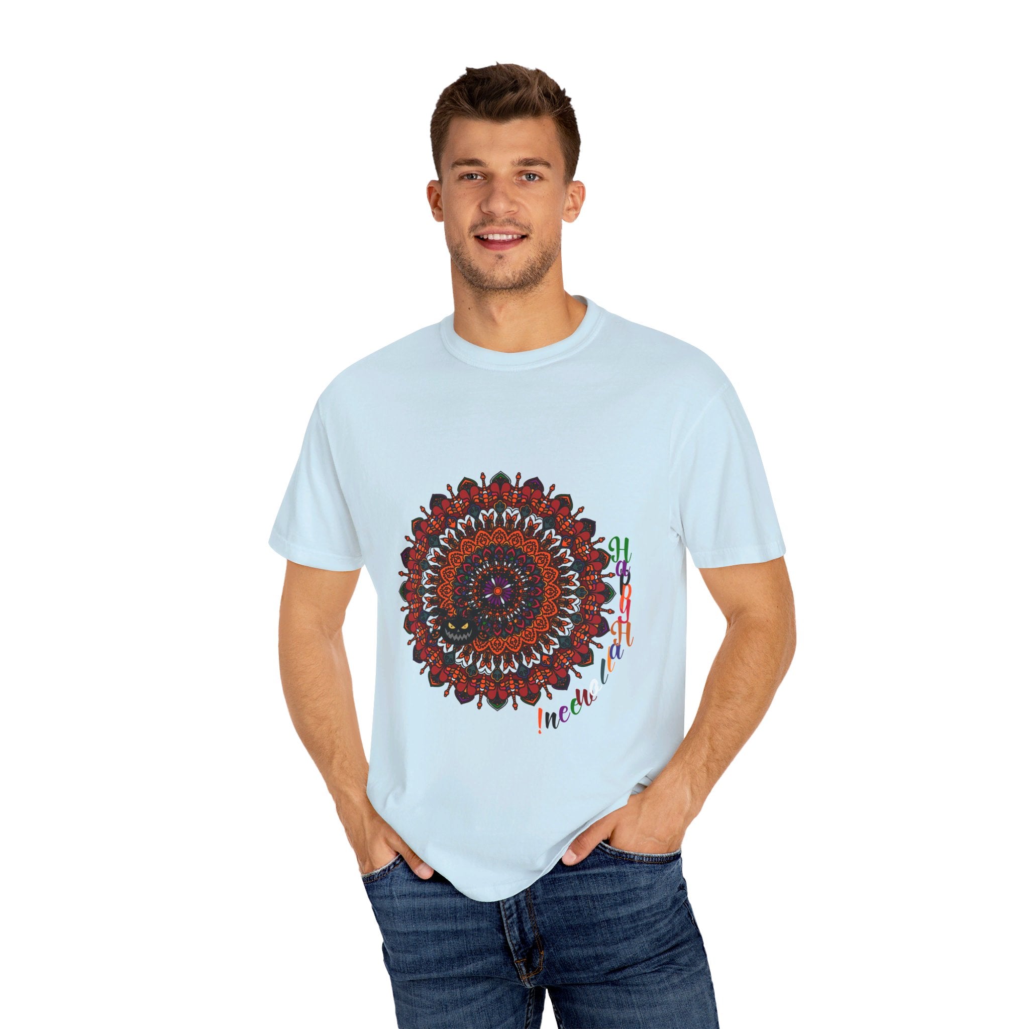 Handmade unisex garment-dyed tee featuring pumpkin mandala art for Halloween