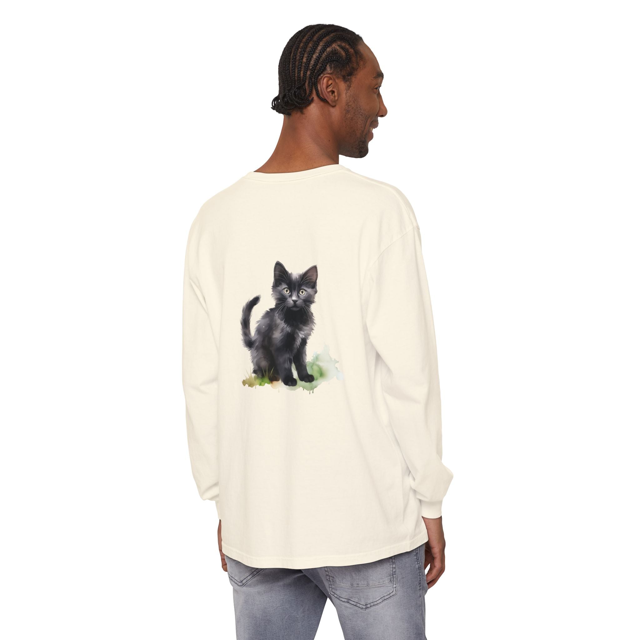 Maglietta a maniche lunghe con gatto nero e acquerello