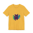 Close-up of Black Cat Mystery T-shirt showing intricate and colorful splash pattern