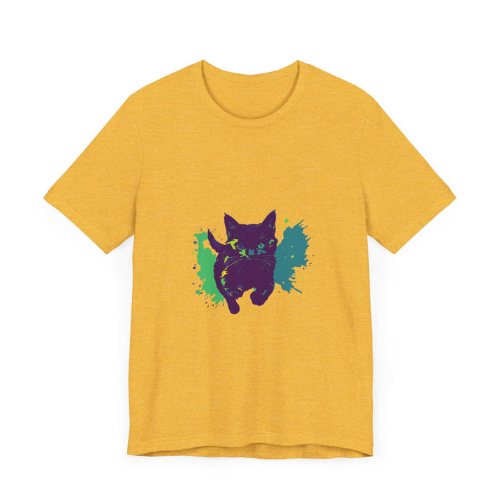 Close-up of Black Cat Mystery T-shirt showing intricate and colorful splash pattern