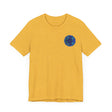 Close-up of a vibrant blue mandala t-shirt, featuring intricate spiritual designs symbolizing peace and harmony for a stylish and meaningful wardrobe addition