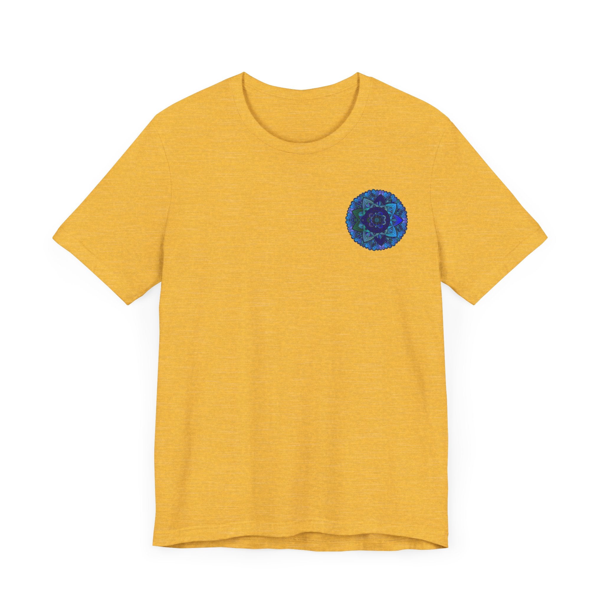 Close-up of a vibrant blue mandala t-shirt, featuring intricate spiritual designs symbolizing peace and harmony for a stylish and meaningful wardrobe addition