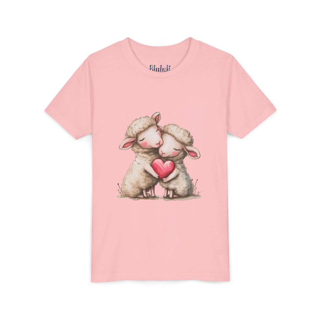 Jugend-T-Shirt – Cartoon-Schafe, die ein Herz umarmen, süßes und schönes Design 
