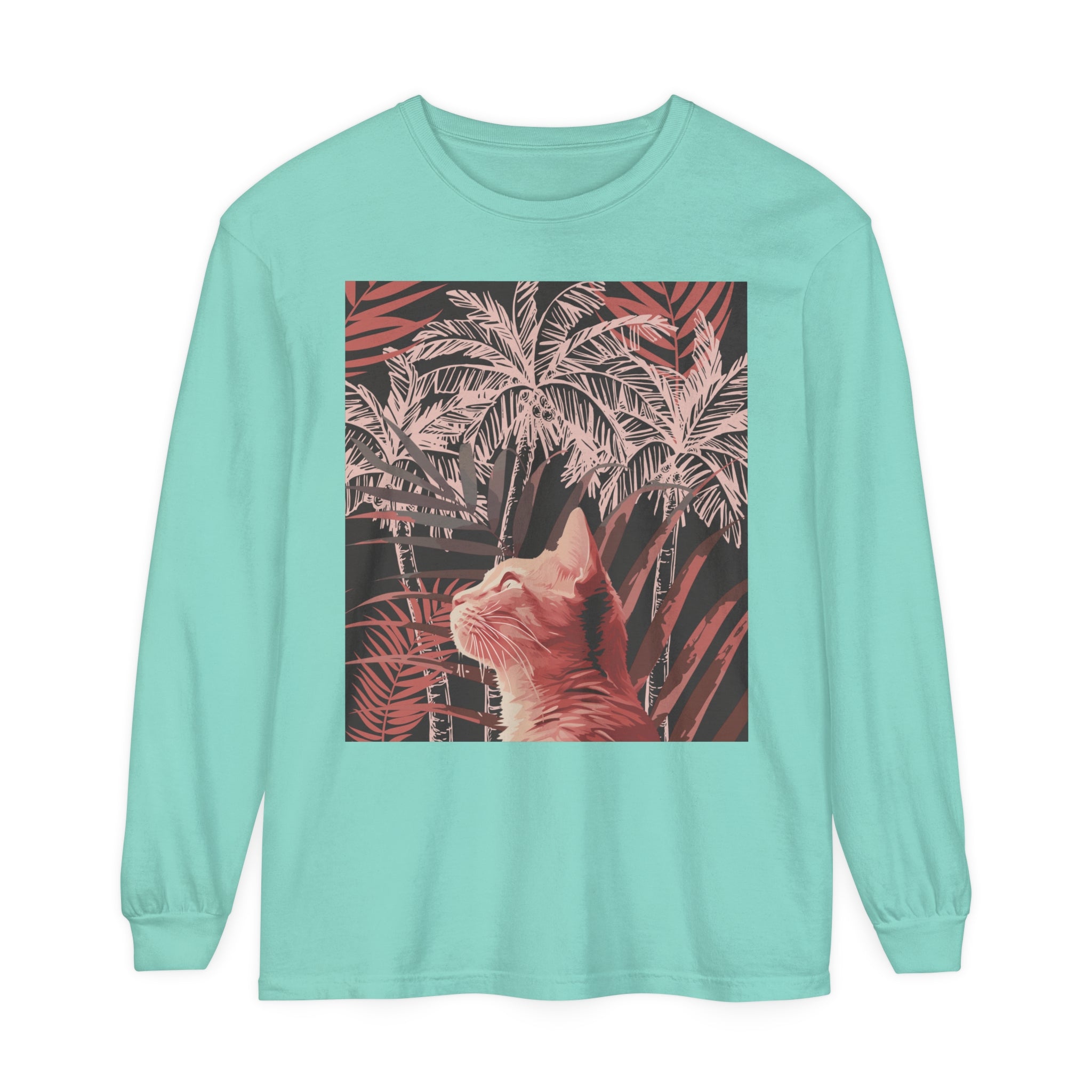 Adorable ginger cat lounging under a palm tree on a graphic t-shirt