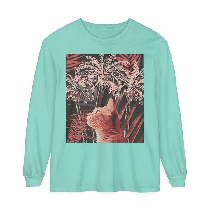 Adorable ginger cat lounging under a palm tree on a graphic t-shirt