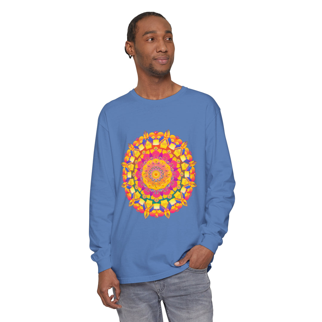 Vibrant and intricately detailed long sleeve t-shirt featuring a colorful mandala design inspired by psychedelic art