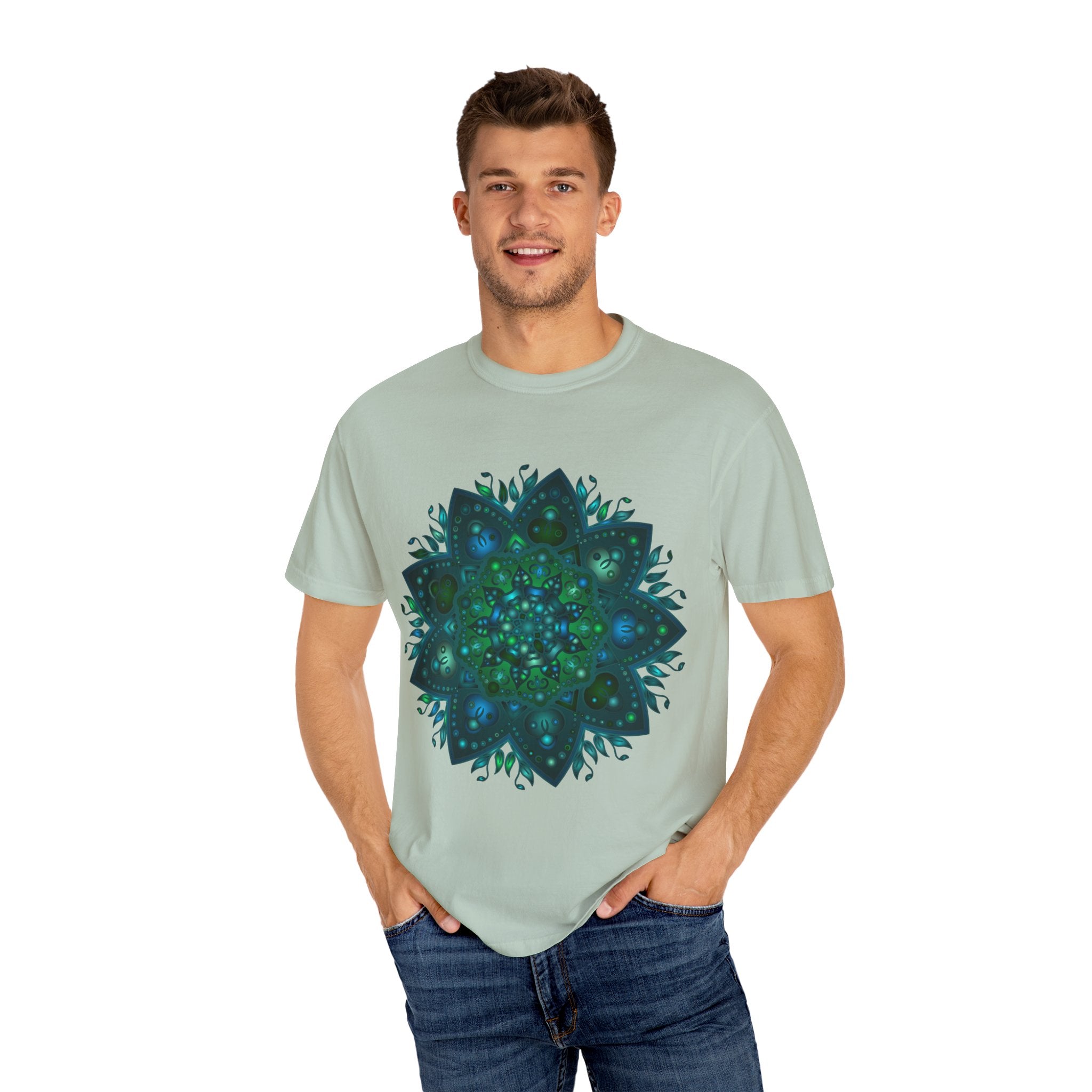 Unisex hand-drawn intricate mandala t-shirt with detailed design and vibrant colors