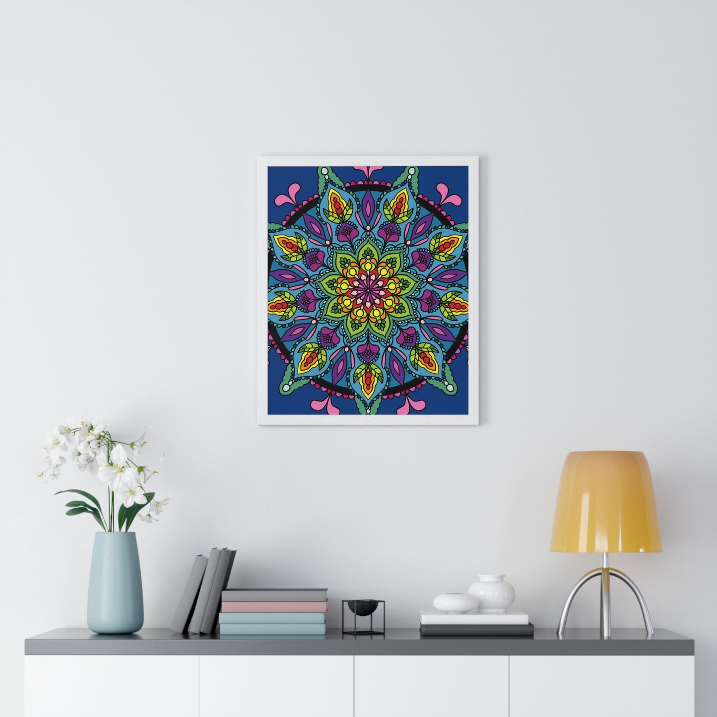 Handmade blue mandala art vertical poster with intricate geometric patterns and floral motifs