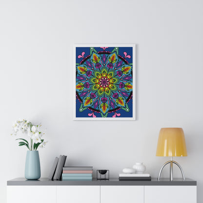 Handmade blue mandala art vertical poster with intricate geometric patterns and floral motifs