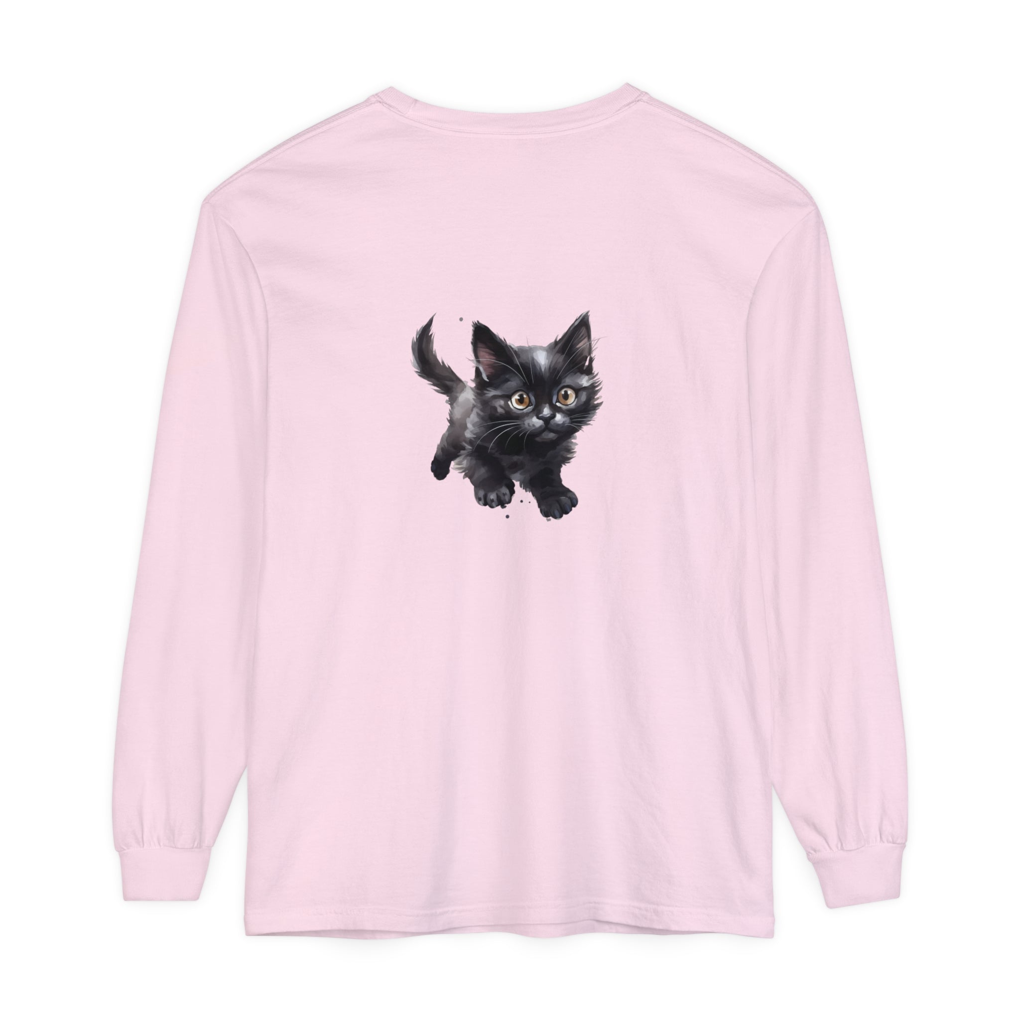 A colorful watercolor illustration of a playful kitten on a t-shirt