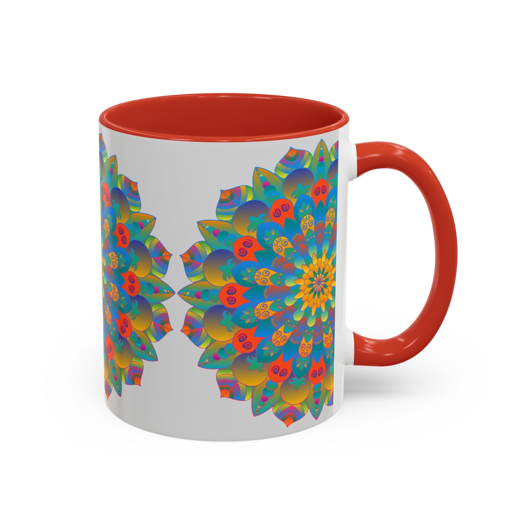 Handcrafted ceramic mug featuring intricate mandala design in vibrant yellow, orange, and blue colors