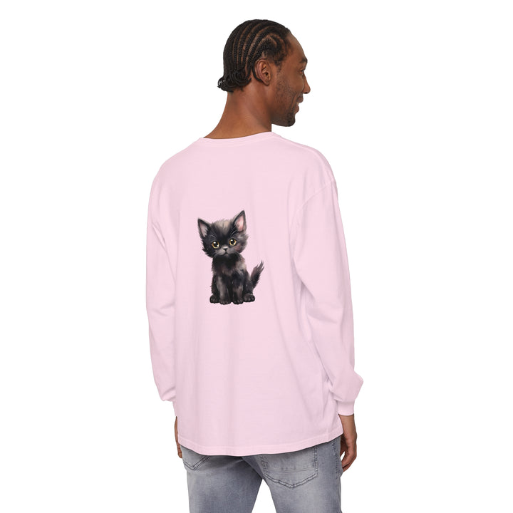 Black Kitten with Yellow Eyes Long Sleeve T-Shirt featuring a cute and playful black kitten with bright yellow eyes on a comfortable long sleeve t-shirt