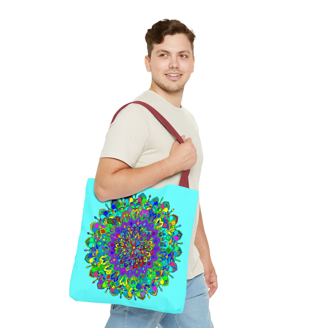 Vibrant and intricate mandala art design on a spacious tote bag