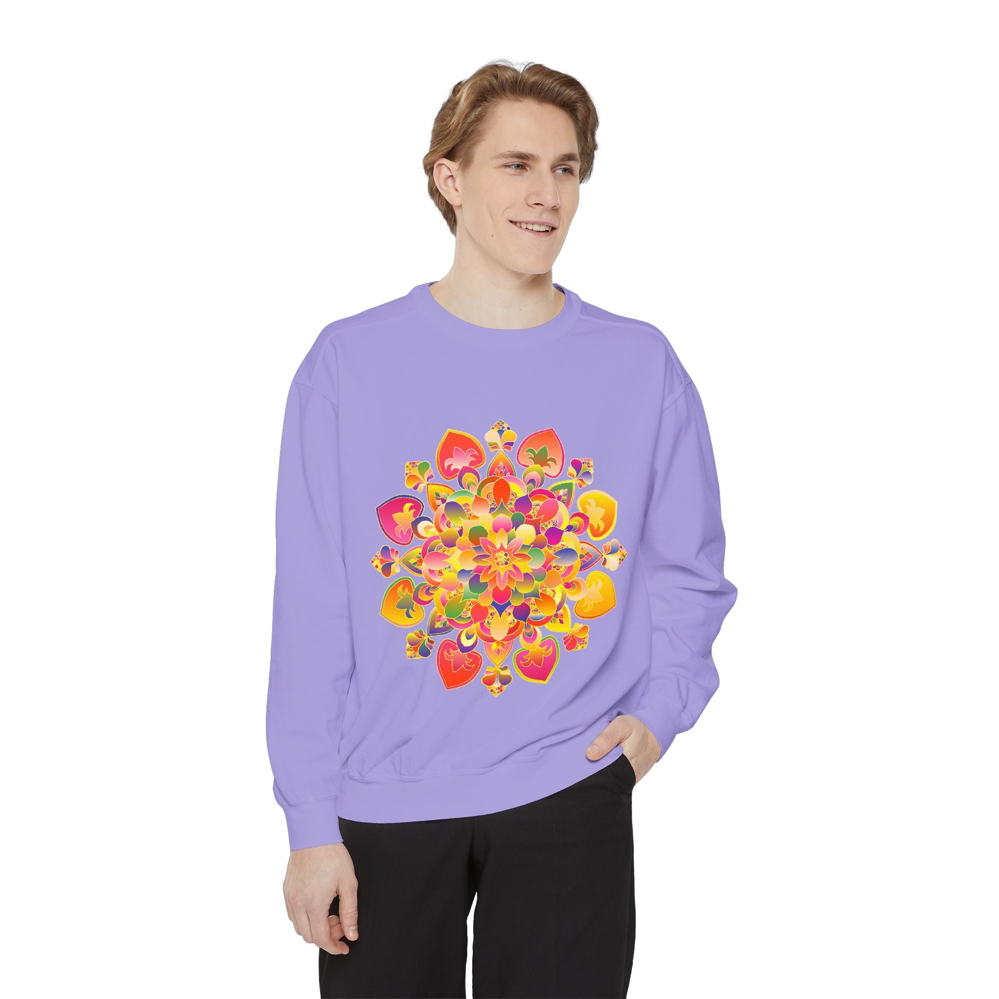 Vibrant Mandala Sweatshirt with intricate, colorful design perfect for adding a pop of color to any outfit