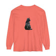 Black Cat Mystique Long Sleeve T-Shirt with a mysterious black cat design on the front, perfect for cat lovers and those who appreciate a touch of mystique in their wardrobe