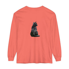 Black Cat Mystique Long Sleeve T-Shirt with a mysterious black cat design on the front, perfect for cat lovers and those who appreciate a touch of mystique in their wardrobe