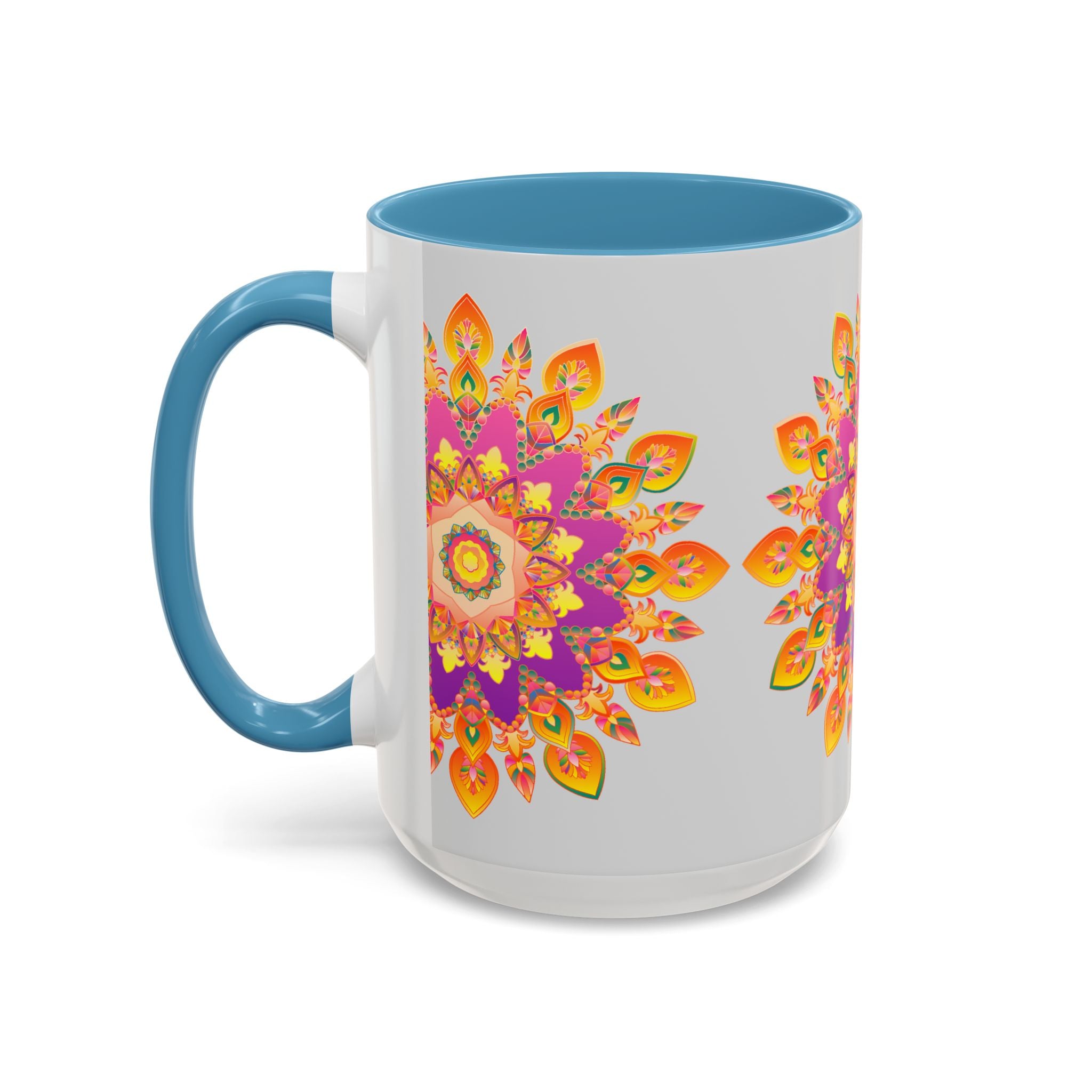 Handcrafted ceramic mug with a vibrant mandala art design featuring colorful floral patterns