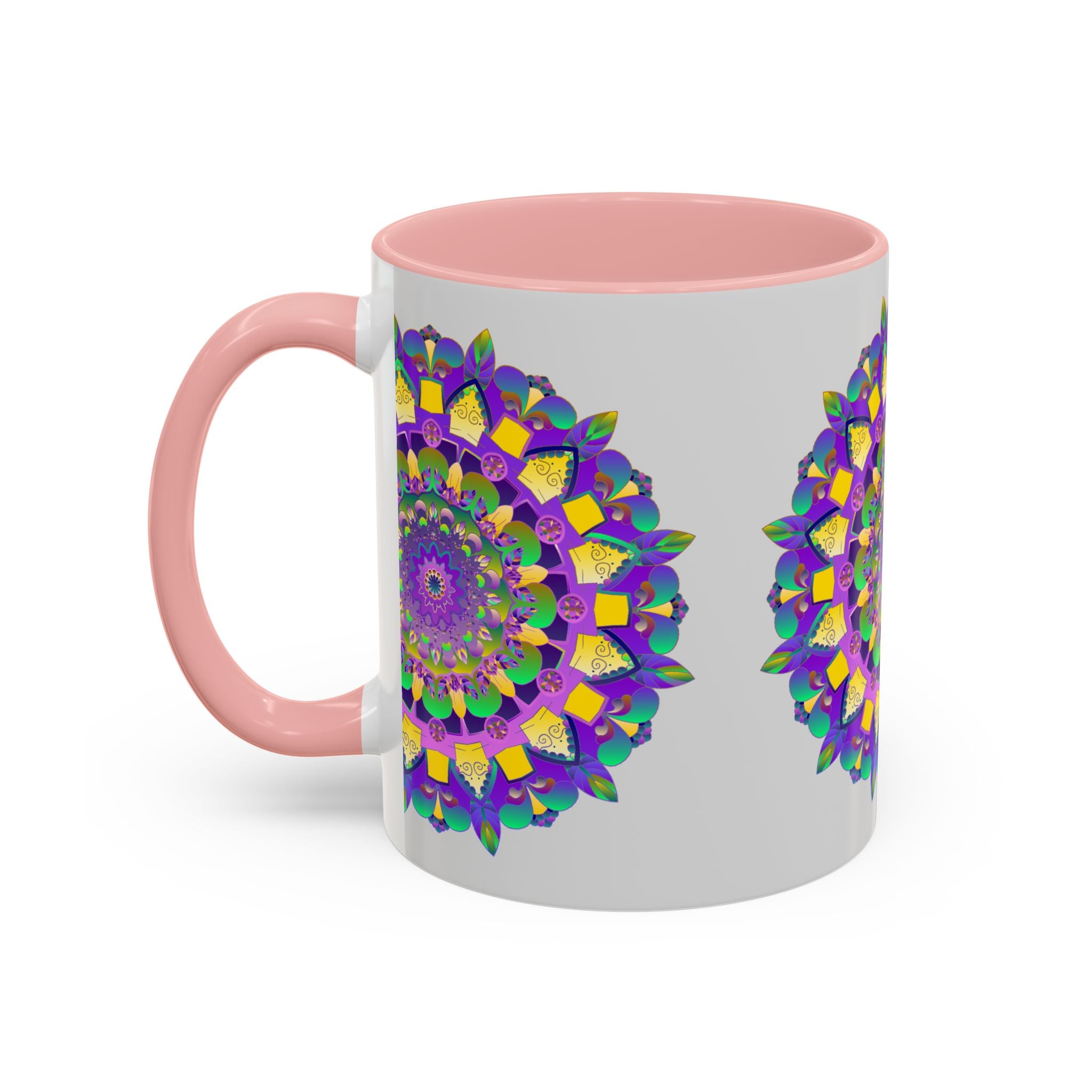 Beautiful purple and yellow mandala art mug, perfect for enjoying your favorite hot beverages in style