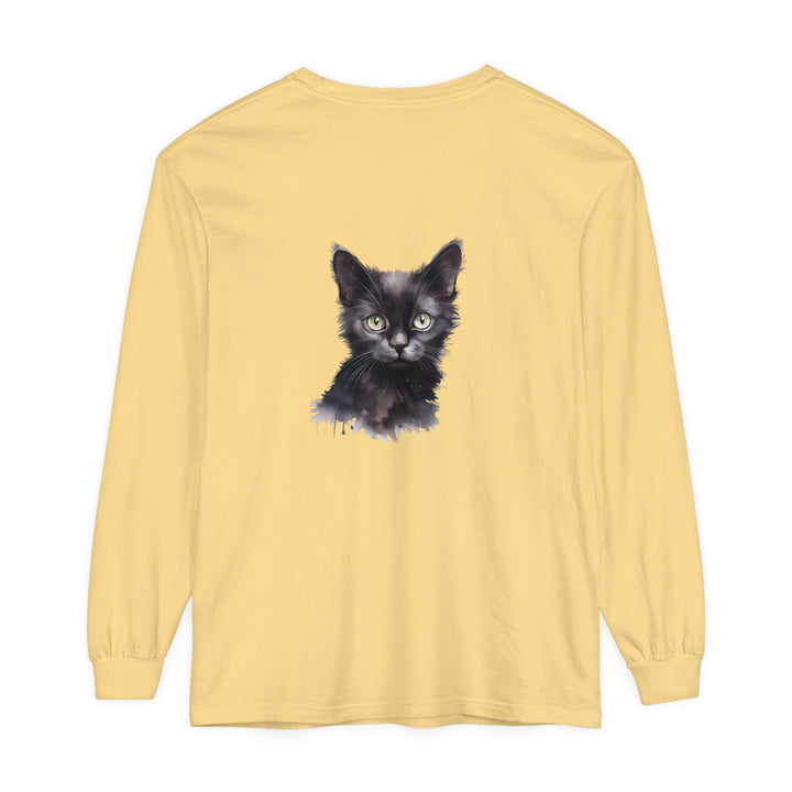 Black Cat Watercolor Long Sleeve T-Shirt with vibrant watercolor design and comfortable fit