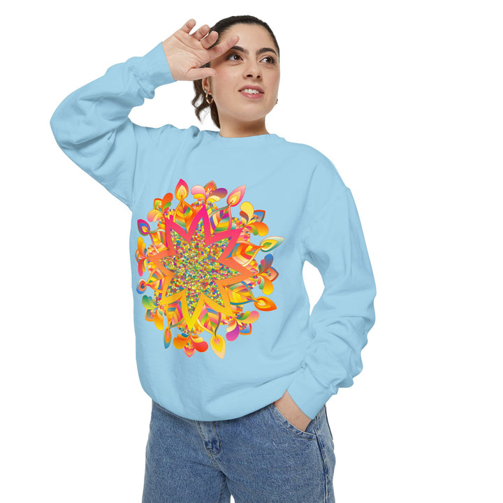 Colorful mandala sweatshirt with intricate design, made of soft, comfortable fabric