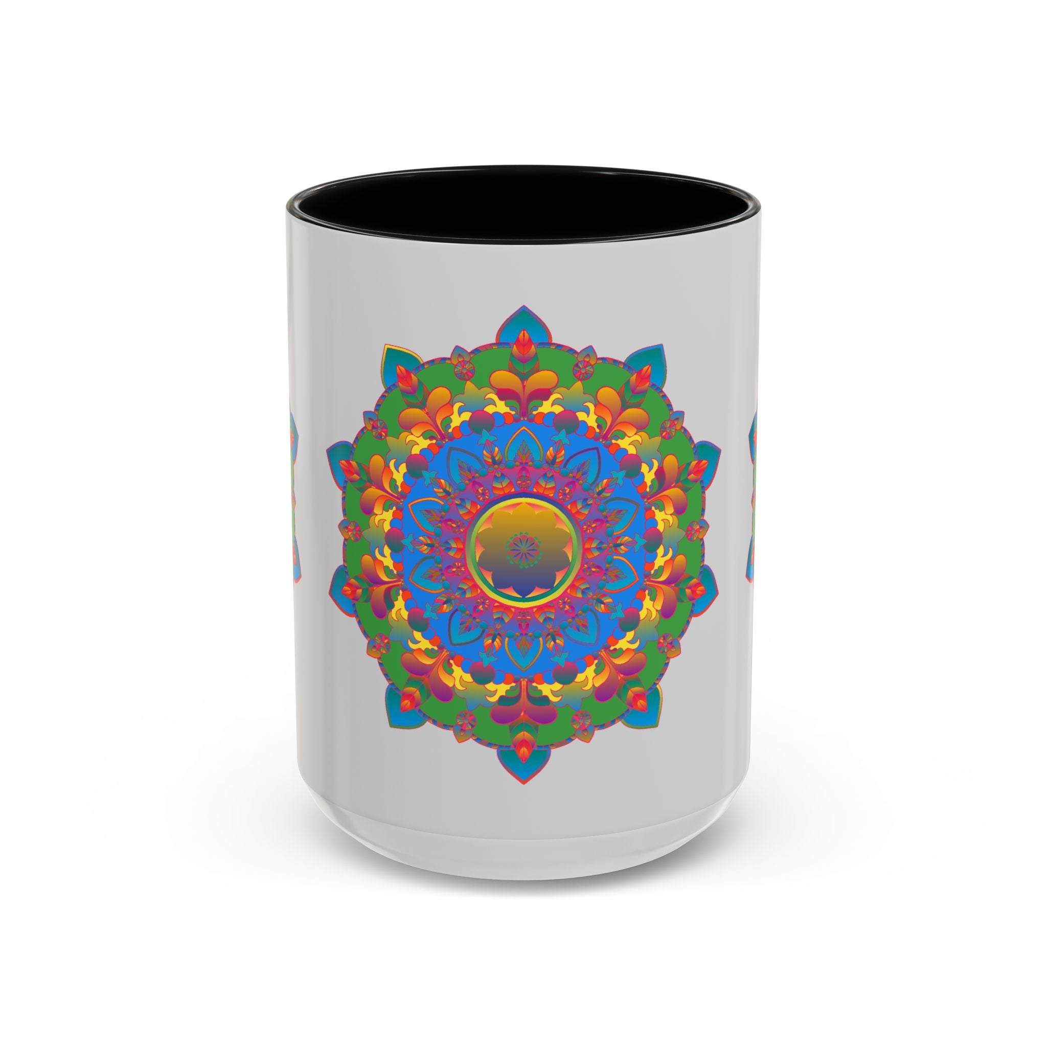 Stunning mandala flower design in various colors on grey mug