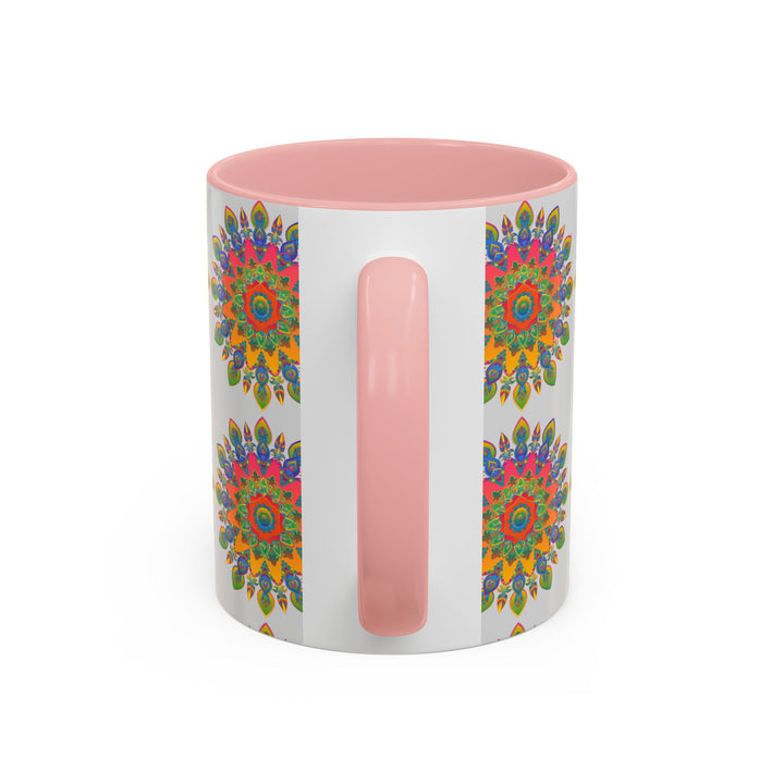 Beautiful grey mug with colorful mandala art, perfect for a vibrant morning cup of coffee