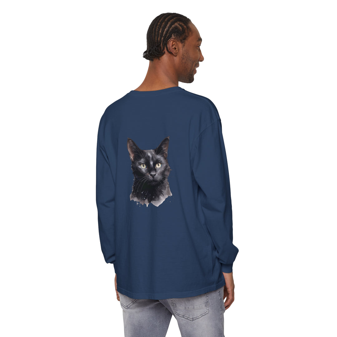 Black Cat Watercolor Unisex Long Sleeve T-Shirt featuring a vibrant and detailed watercolor illustration of a black cat on a quality, comfortable long sleeve t-shirt for all genders