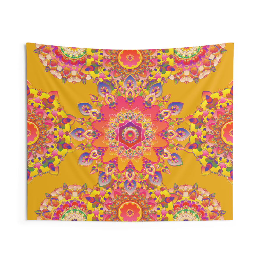 Boho Mandala Wall Tapestry – Vibrant Yellow Floral Meditation Decor