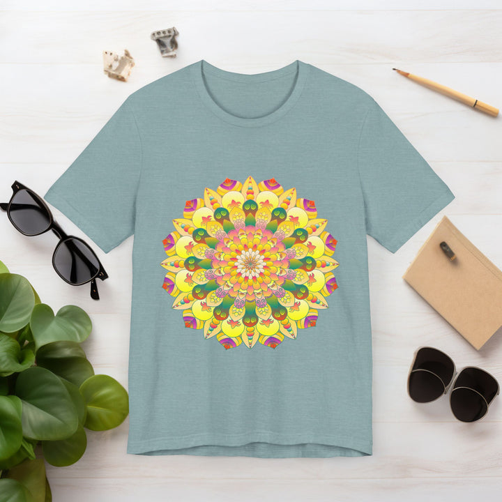 A vibrant mandala tee featuring intricate spiritual designs for peace and harmony