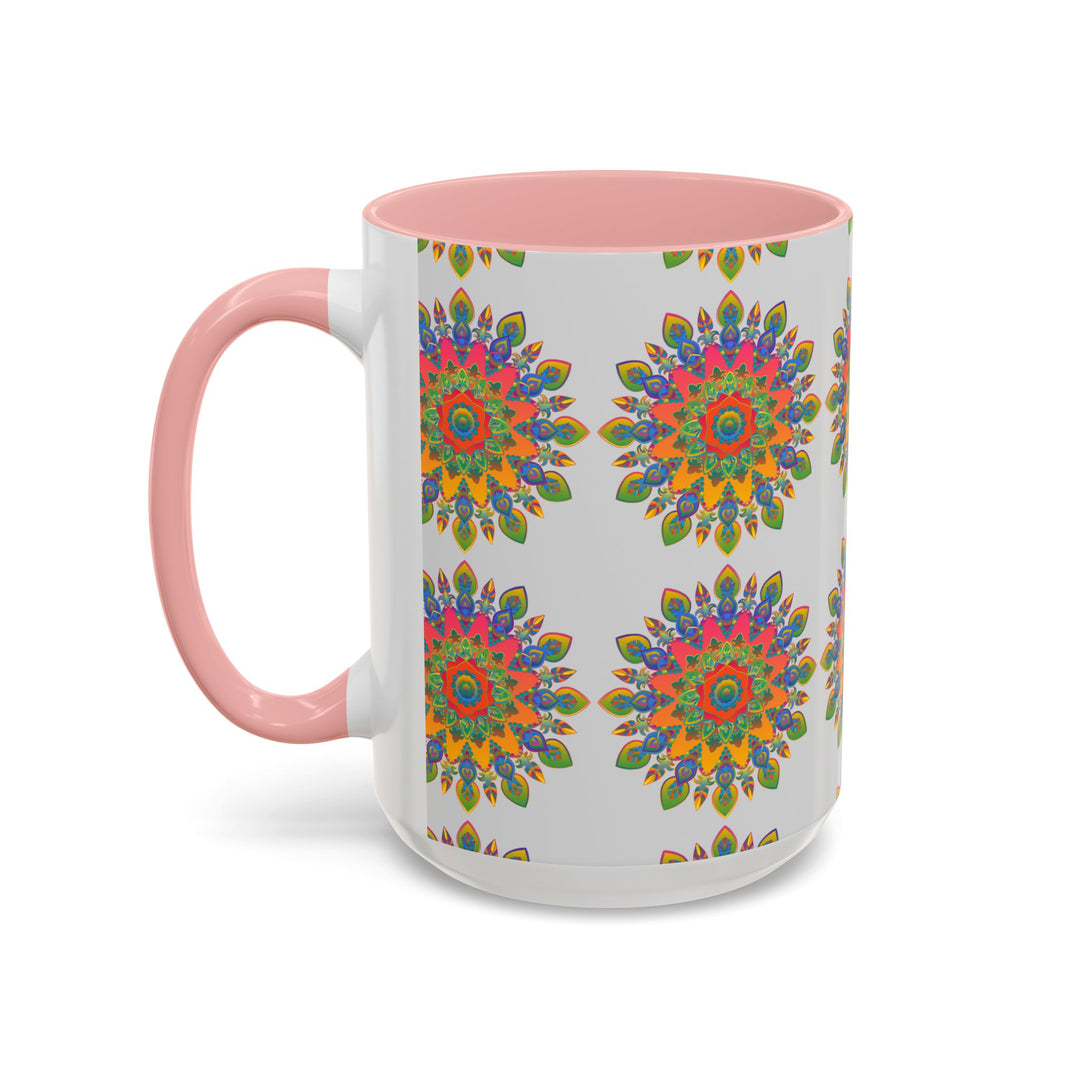 Vibrant and detailed mandala art displayed on a grey ceramic mug