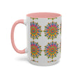 Vibrant and detailed mandala art displayed on a grey ceramic mug