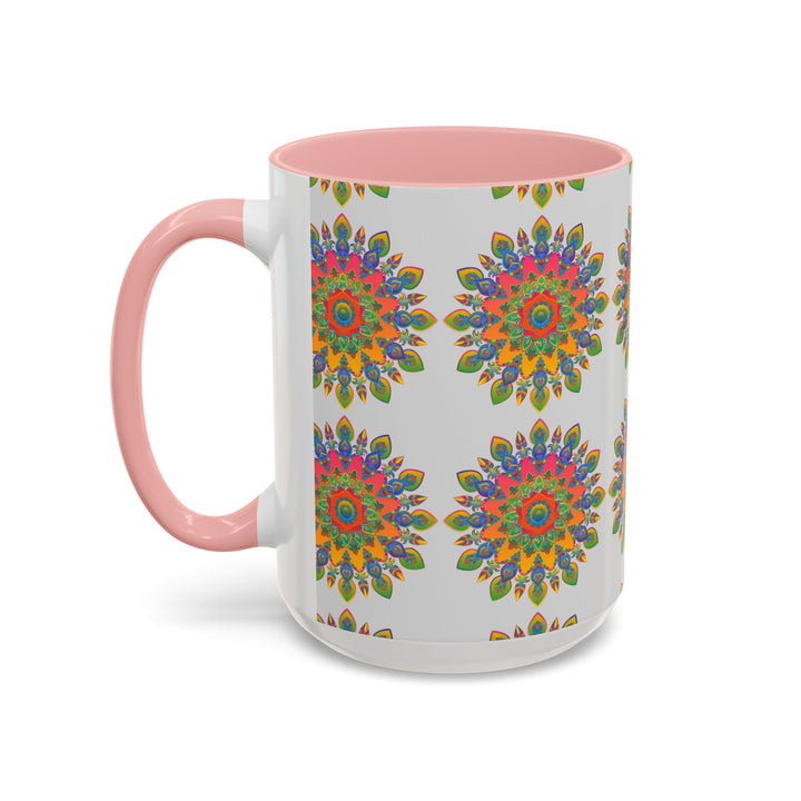 Vibrant and detailed mandala art displayed on a grey ceramic mug