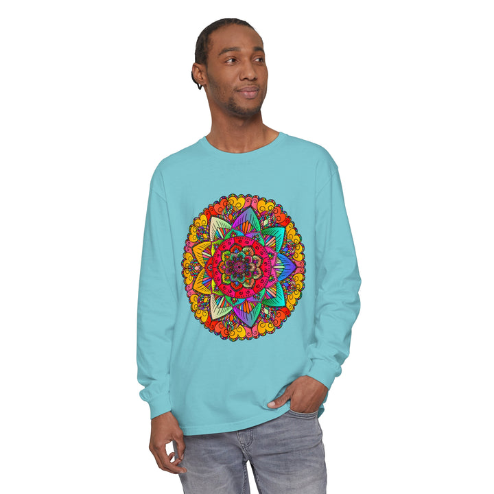 Colorful and intricate mandala design on a unisex long sleeve t-shirt