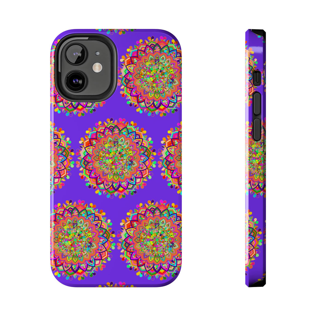 Hand drawn small purple mandala art phone case designed for iPhone X and XS, featuring intricate and vibrant mandala patterns